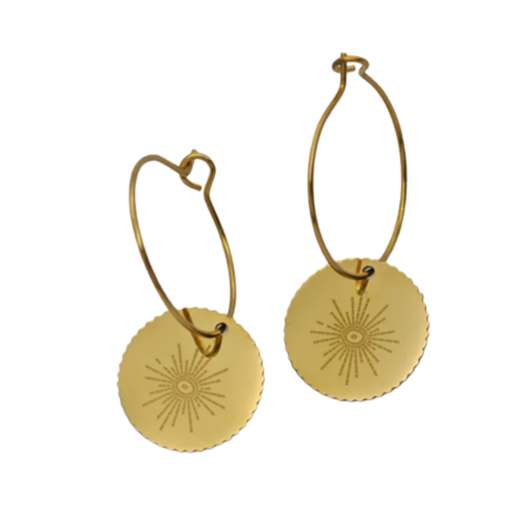 Zarte Creolen "Spirit" in Gold mit Amulette und Sonnenstern