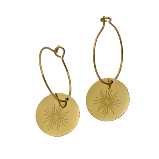 Delicate hoop earrings "Spirit" in gold with amulets and sun star