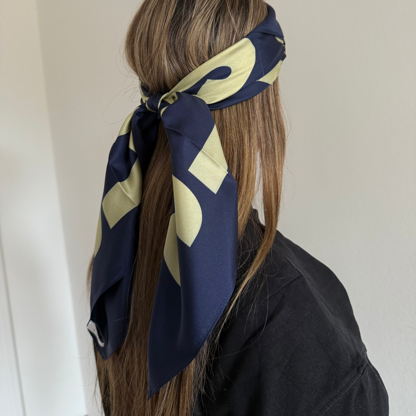Silk scarf "SELFLOVEGANG" made of pure twill silk in midnight blue and gold