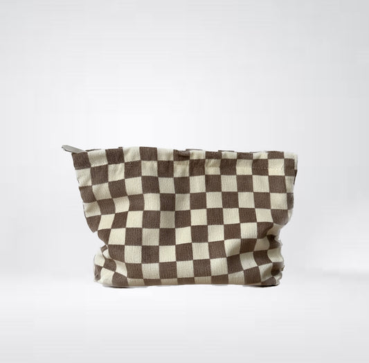 Clutch bag cosmetic bag "Checker" with checked pattern made of fine cord in beige-off-white