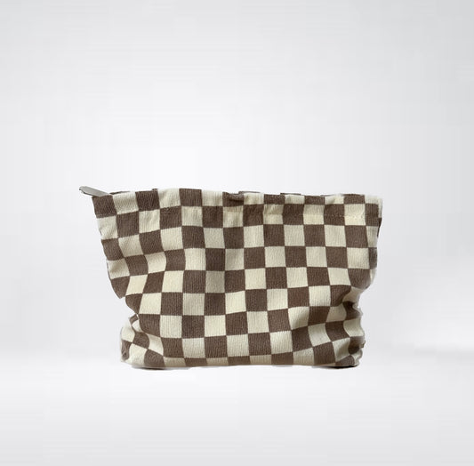 Clutch Bag Kosmetikbeutel "Checker" mit Karomuster aus Feinkord in Beige-Offwhite