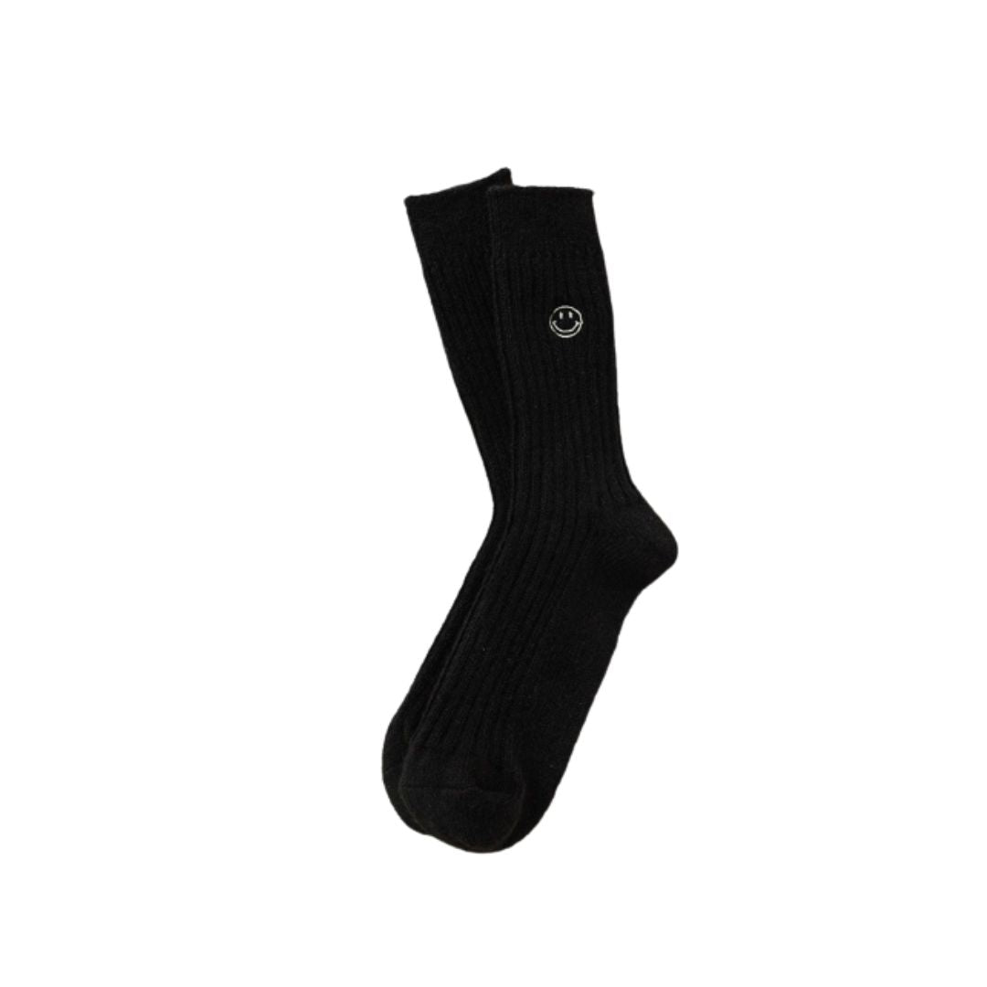 Wool socks "Smiley" in black with smiley embroidery in oil