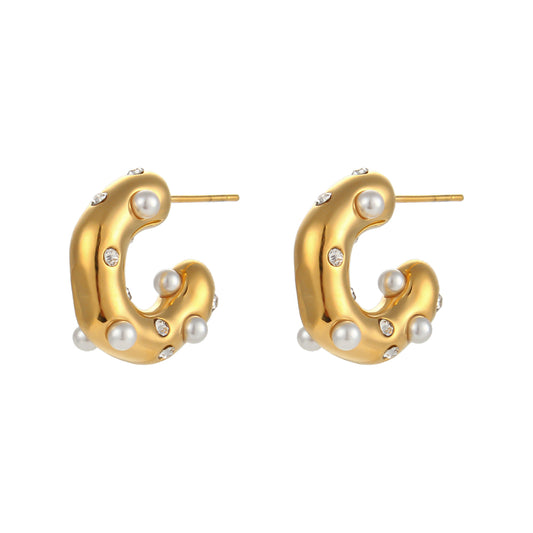 Chunky hoop earrings "Faith" with pearls and zirconia in gold