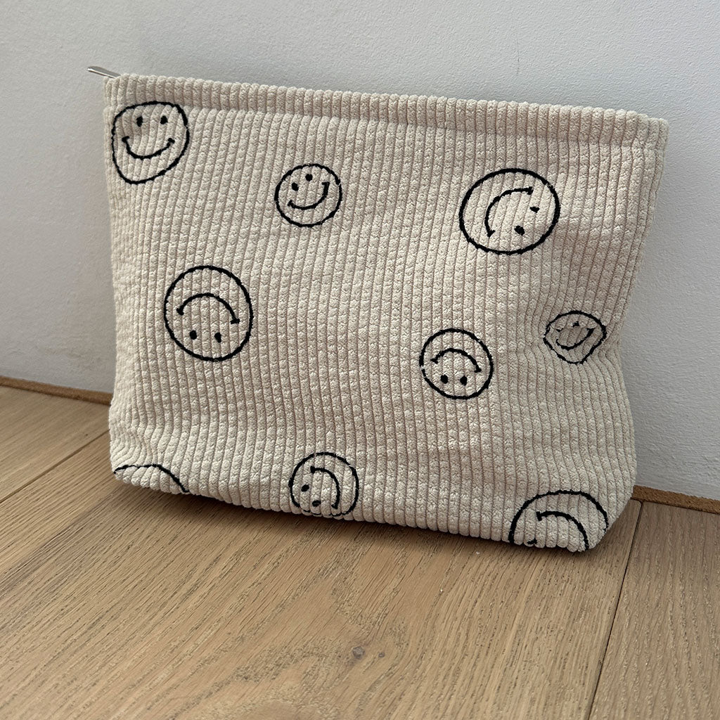 Cord Kosmetiktäschchen "Elliot" in naturweiß mit Smiley-Druck